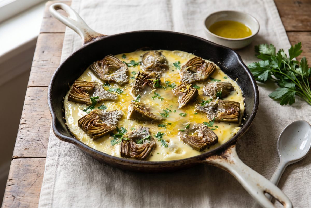 Beaten eggs poured over browned artichoke hearts in a skillet, the outer edge just set