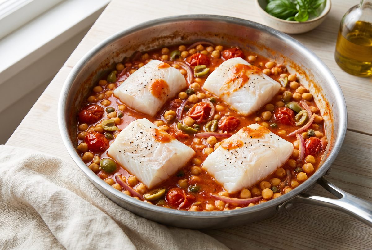 Four raw cod fillets set into a pan of chickpeas, tomatoes and olives before roasting