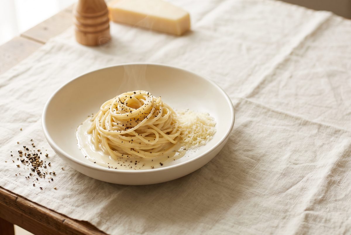 A plate of steaming spaghetti with creamy sauce, black pepper, and grated cheese on a linen tablecloth.