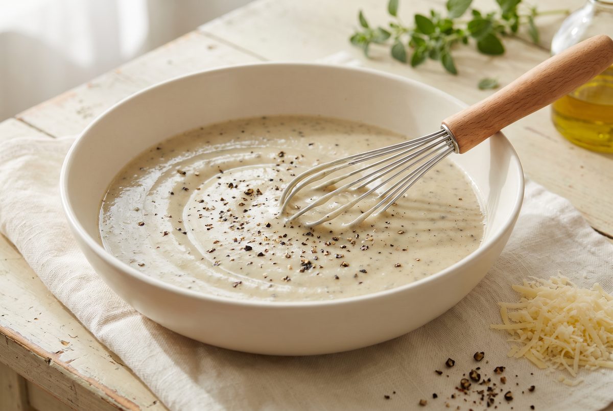 A smooth pale grey-gold pecorino cream flecked with cracked black pepper in a wide ceramic bowl, whisk resting against the rim
