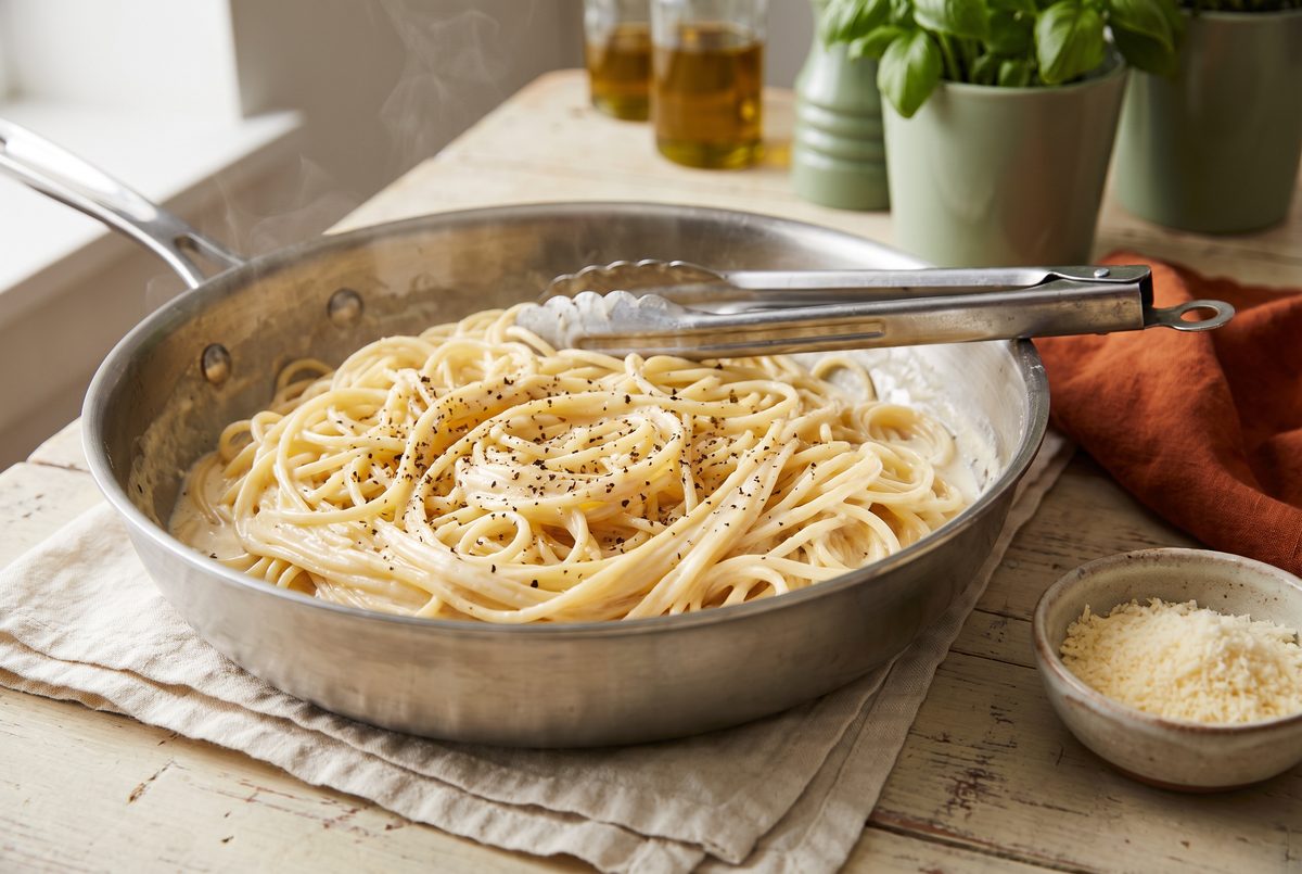 Spaghetti coated in a glossy pale pecorino sauce speckled with coarse black pepper, in a shallow stainless-steel pan off the heat