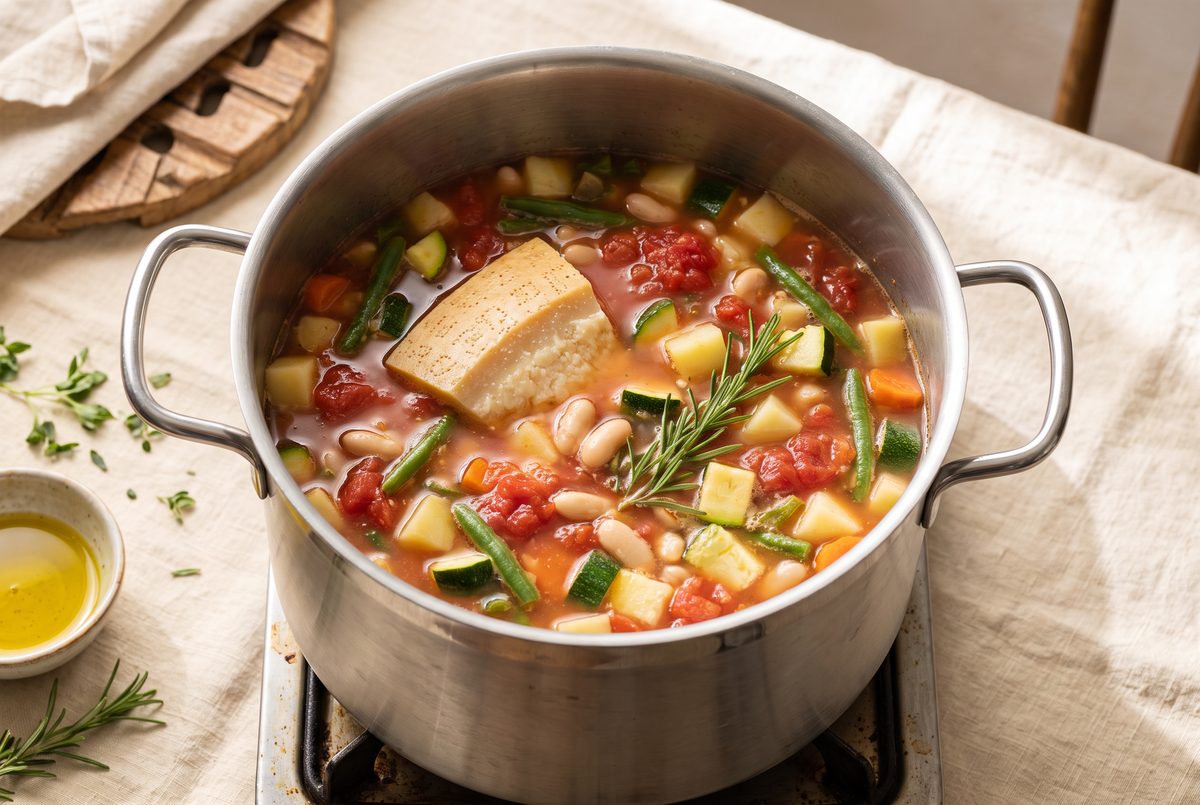 Beans, tomatoes, vegetables and a Parmigiano rind simmering in broth