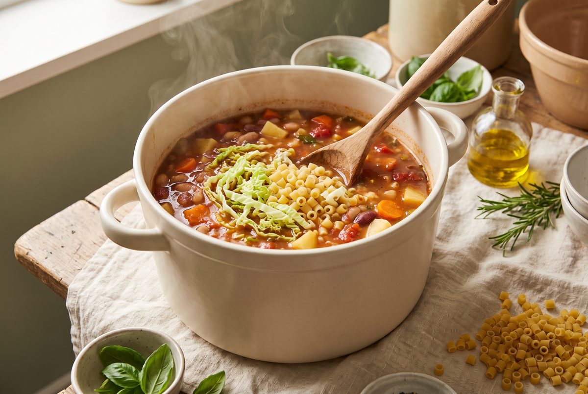Shredded cabbage and ditalini stirred into the thick soup