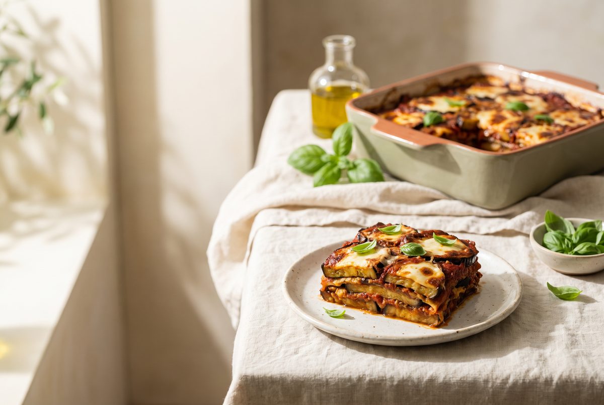A slice of eggplant parmesan on a plate next to a baking dish on a table.