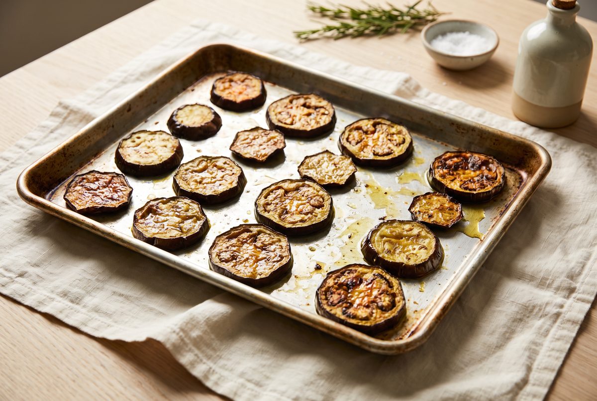 Roasted eggplant rounds, shrunken and deeply golden at the edges, in a single layer on a sheet pan
