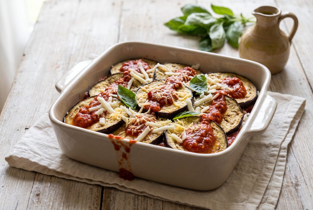 Layers of roasted eggplant, tomato sauce and grated mozzarella assembled in a square ceramic baking dish, ready for the oven
