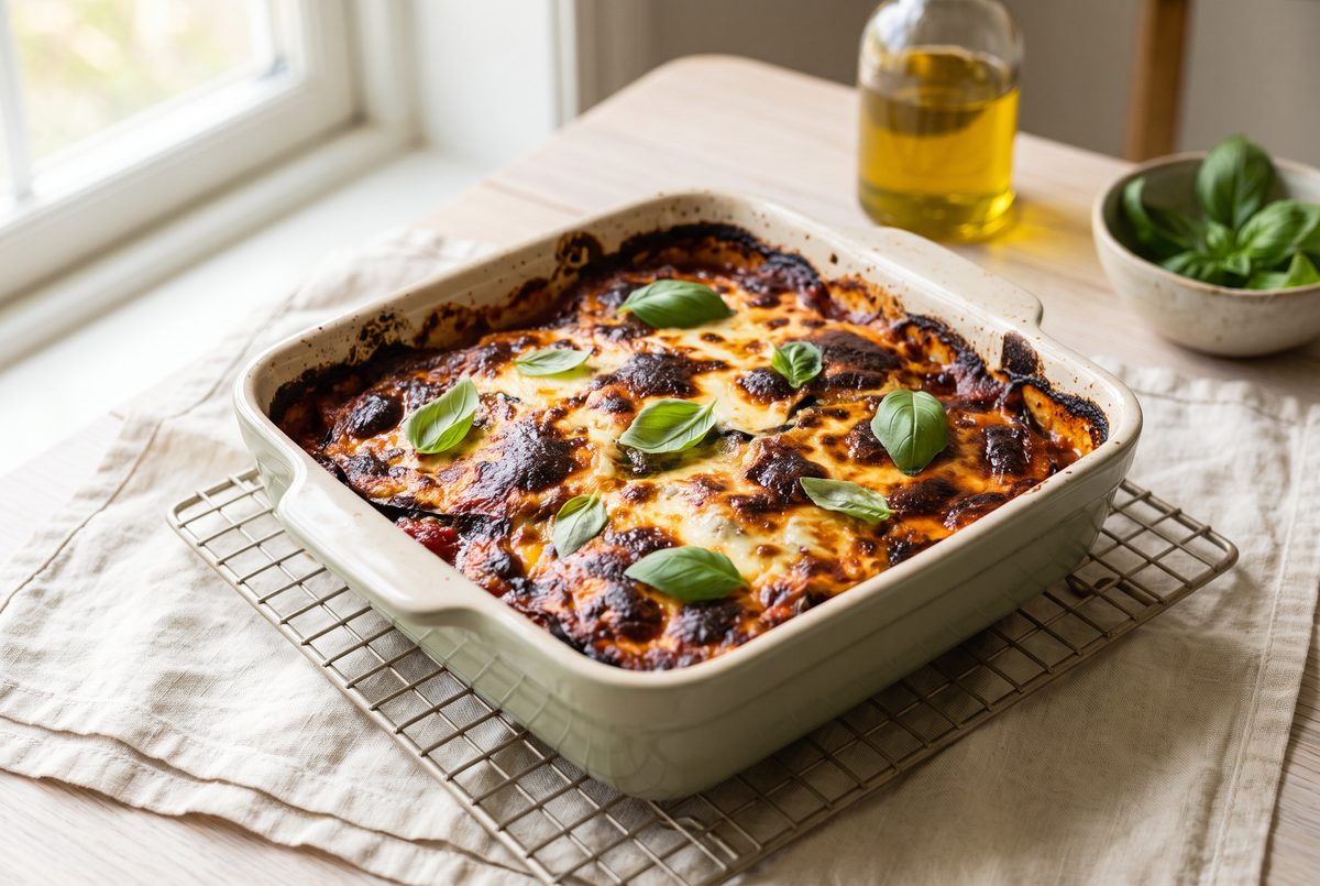 The finished eggplant parmesan resting in its baking dish, the top browned in patches and the sauce bubbled up at the edges