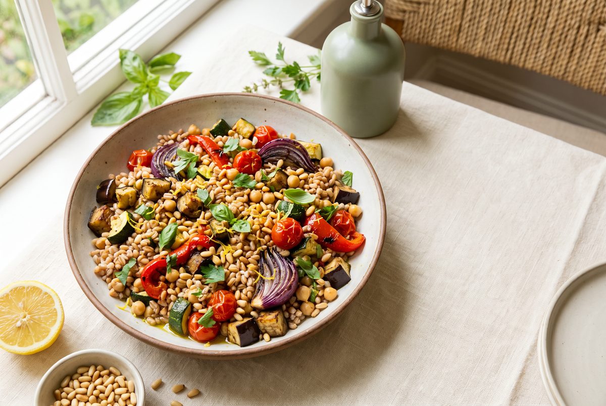 A vibrant farro salad with roasted eggplant, zucchini, cherry tomatoes, red onion, chickpeas, and pine nuts, garnished with fresh herbs and lemon zest, sits on a light tablecloth by a window.