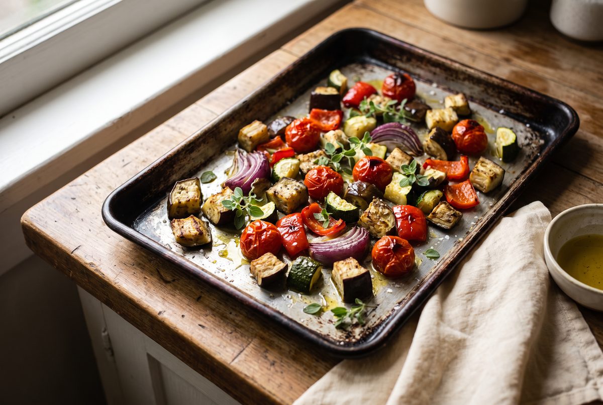 Eggplant, zucchini, peppers, red onion and cherry tomatoes roasted until browned on a sheet pan