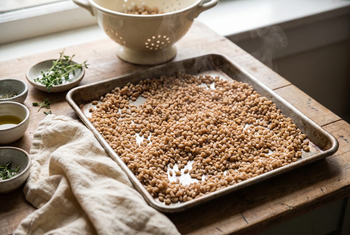 Cooked pearled farro spread on a tray to steam dry