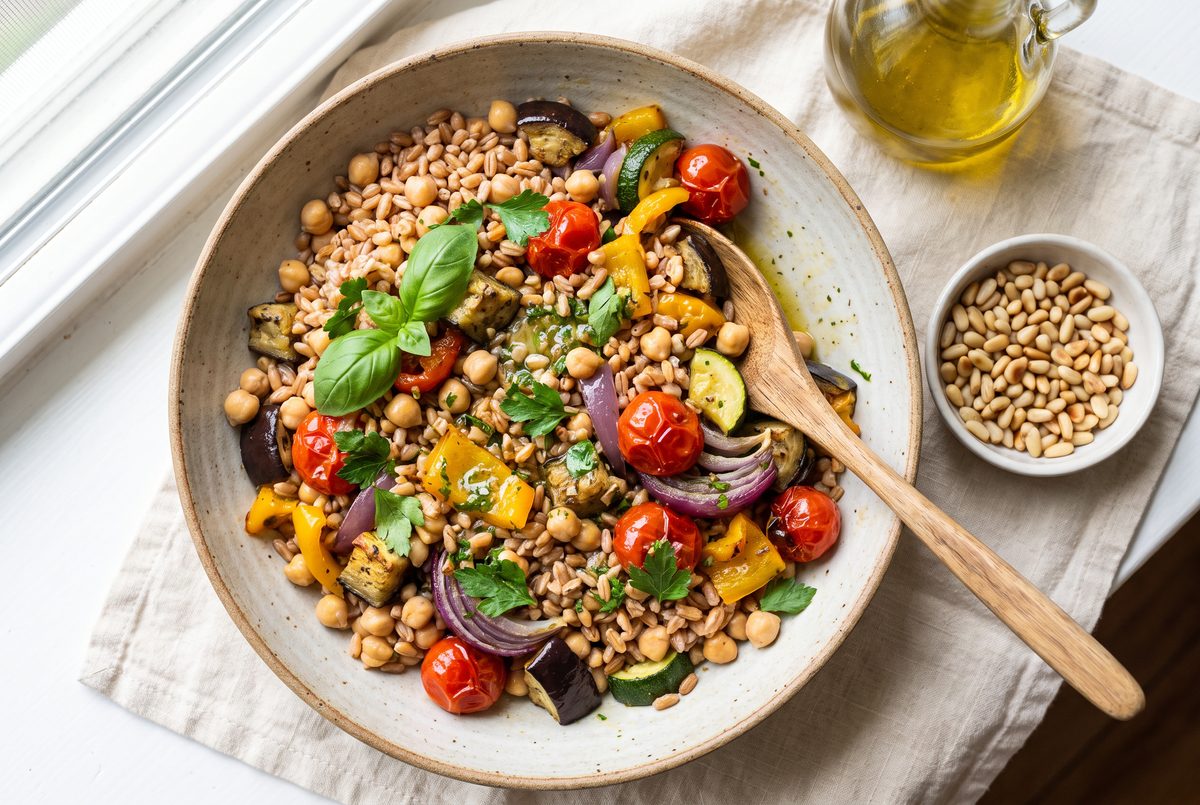 Warm farro, chickpeas and roasted vegetables folded together with the lemon dressing