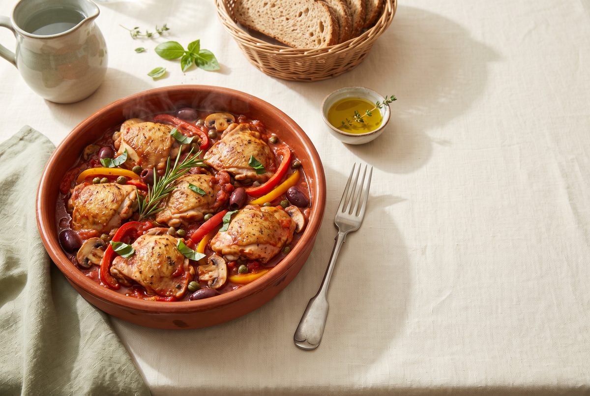 A clay baking dish filled with cooked chicken thighs in tomato sauce with peppers, olives, and mushrooms on a tablecloth.