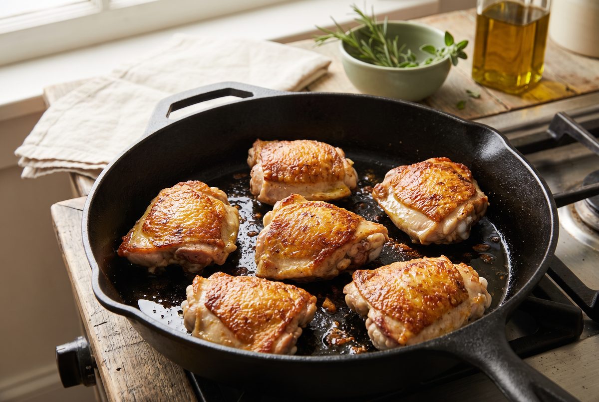 Chicken thighs browning in a skillet until deeply golden