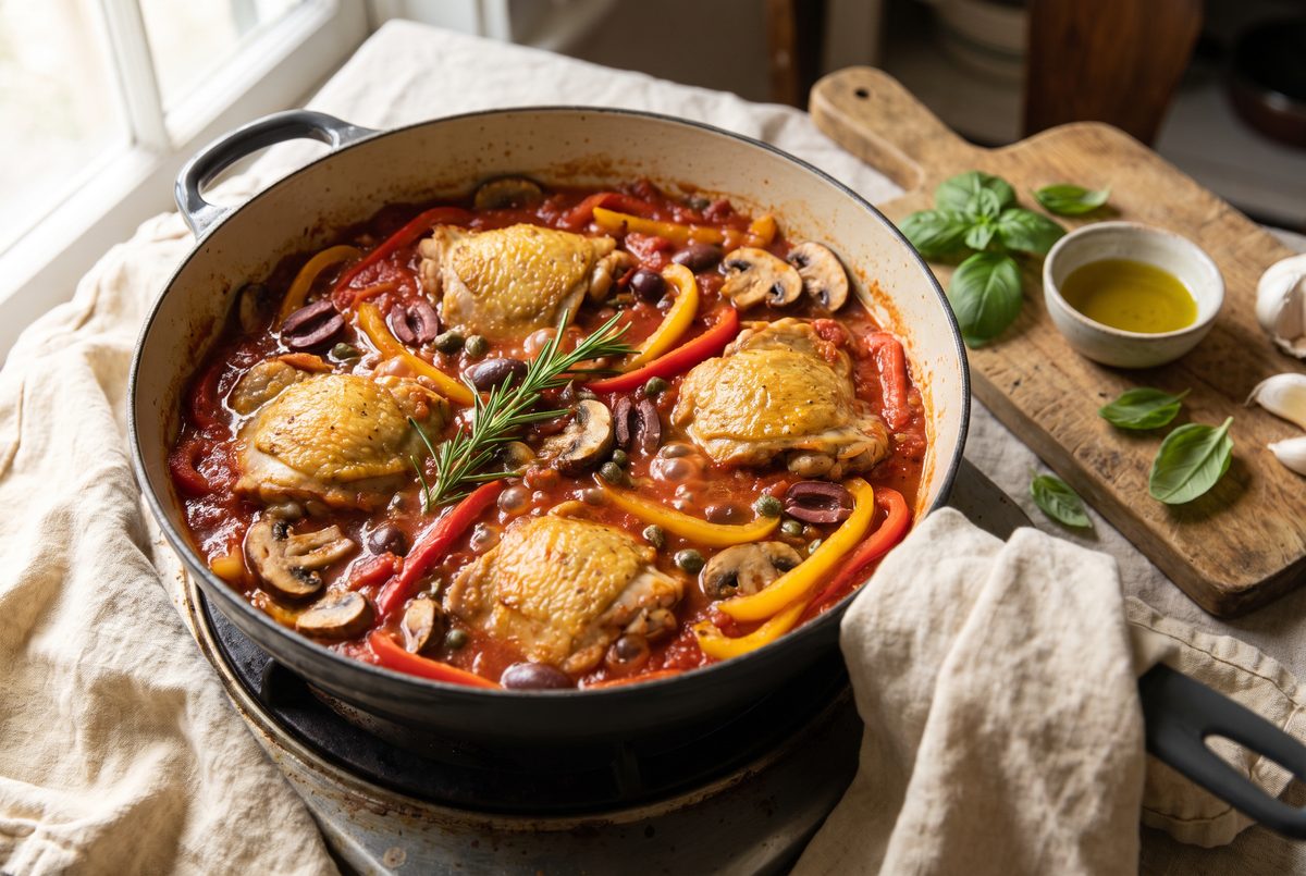 Chicken nestled into the tomato, pepper and olive sauce, simmering
