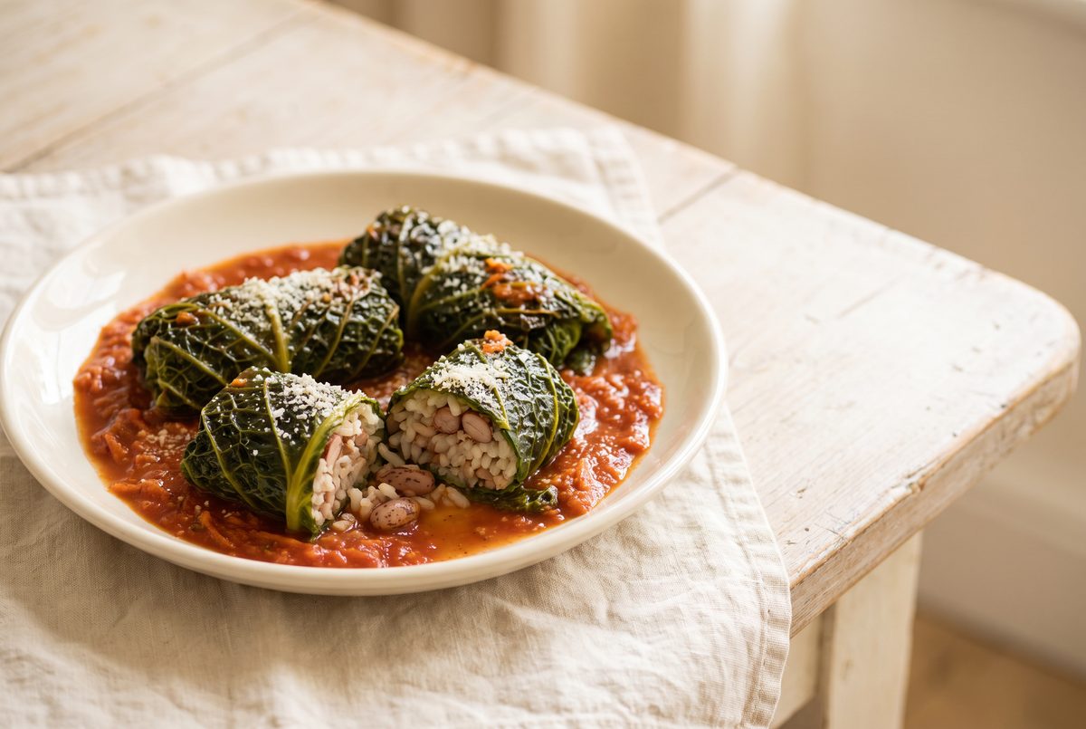 A plate of stuffed savoy cabbage rolls filled with rice and beans, served over tomato sauce on a wooden table.