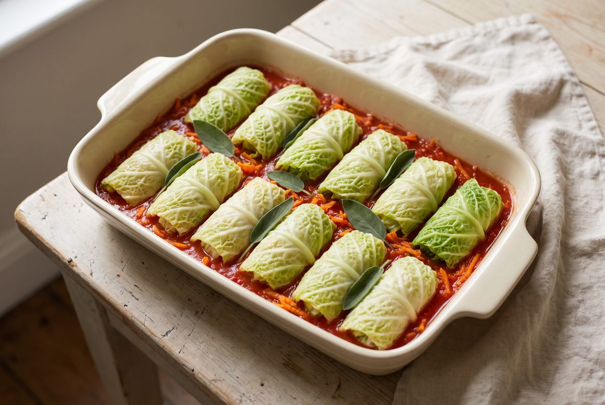Twelve pale green cabbage rolls packed seam side down in a cream ceramic baking dish in tomato sauce with grated carrot and sage leaves, before baking