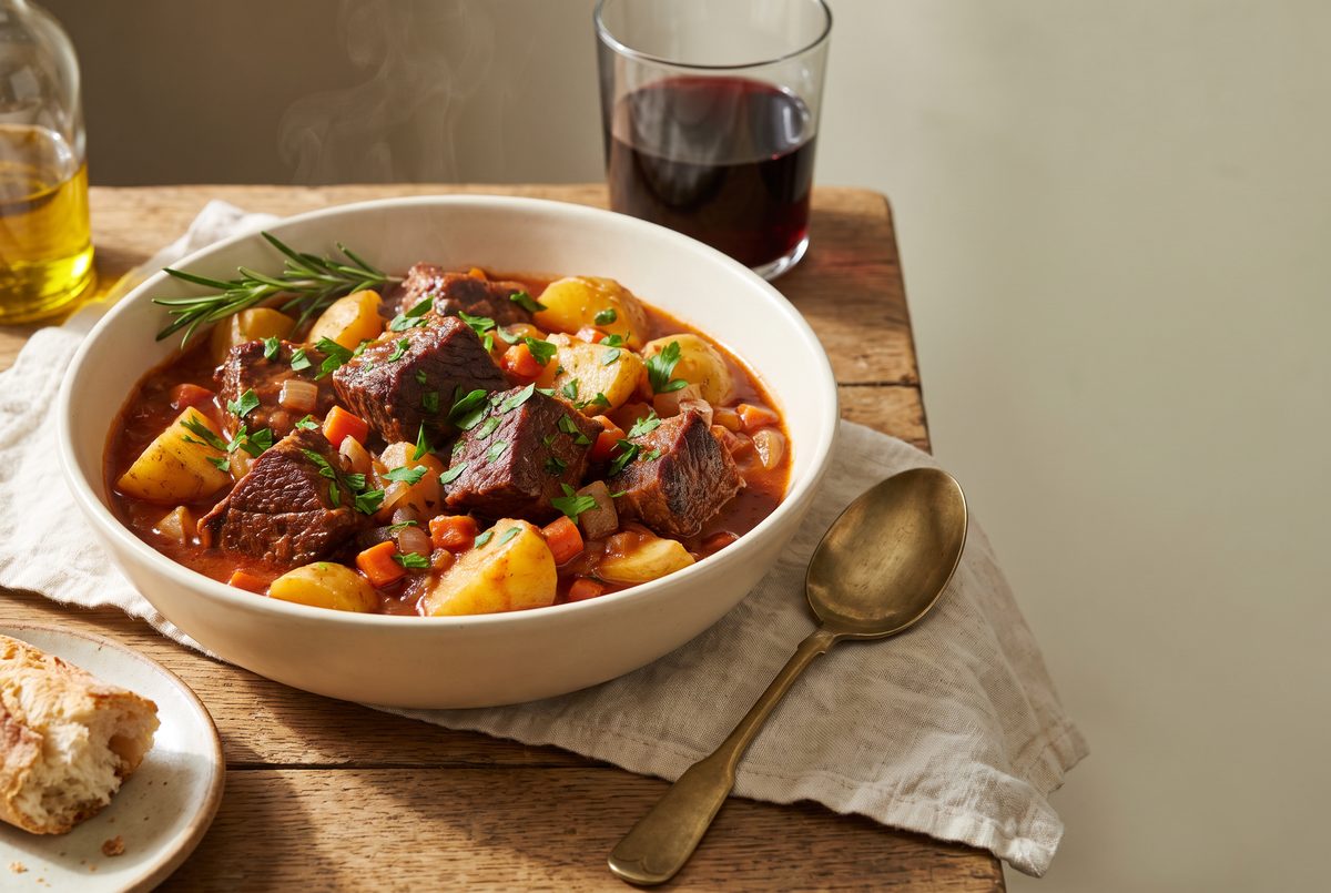 A steaming bowl of beef stew with chunks of meat, potatoes, and carrots, garnished with parsley and rosemary, sits on a wooden table next to a glass of red wine and a piece of bread.