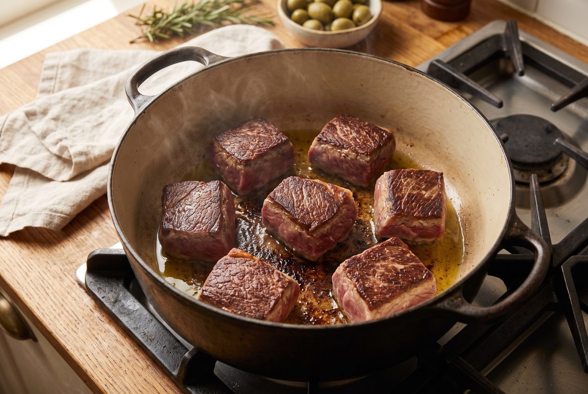 Cubes of beef chuck with a deep brown crust in a heavy pot