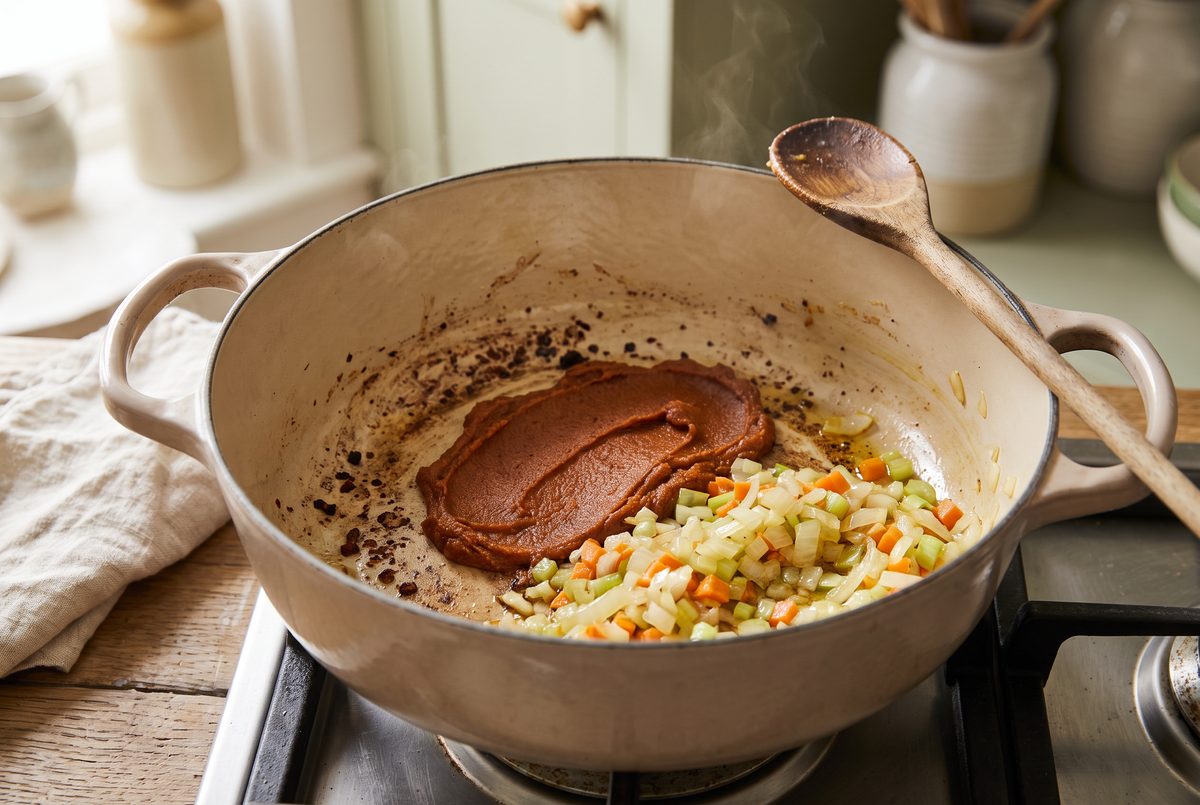 Tomato paste cooked to a dark rust brown on the bare pot, the soffritto pushed to one side