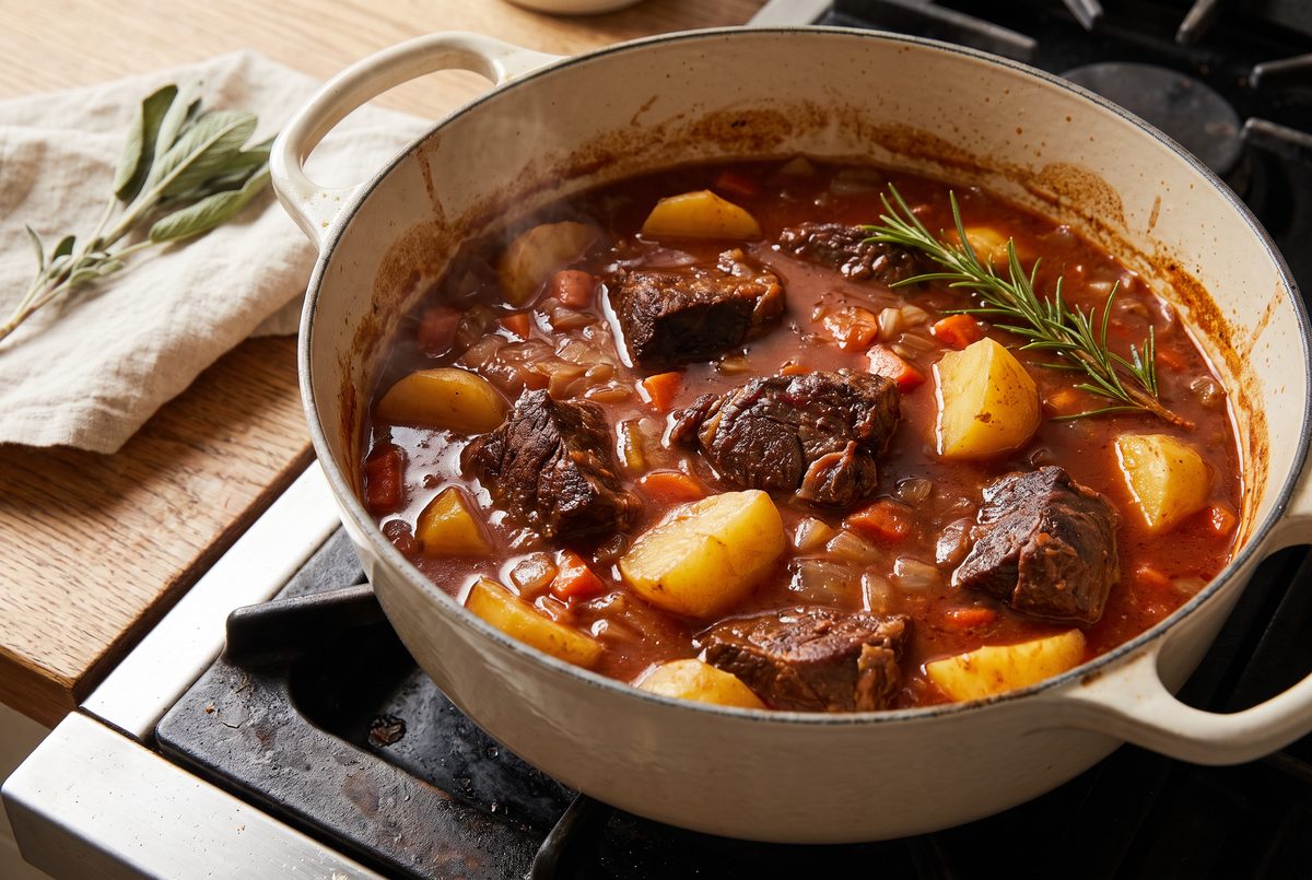 Beef stew with potato chunks in a glossy reduced sauce in a heavy pot