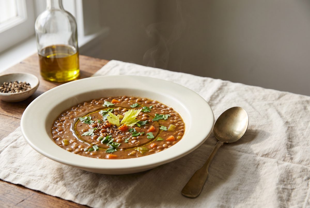 A bowl of steaming lentil soup with carrots, celery, parsley, and a drizzle of olive oil on a wooden table.