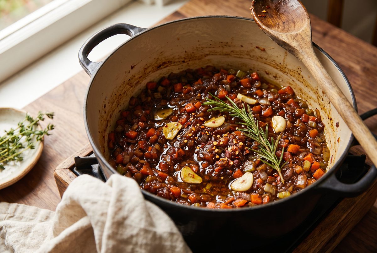 Diced onion, carrot and celery in a dark pot with tomato paste cooked down to a deep brick-red, a rosemary sprig on top