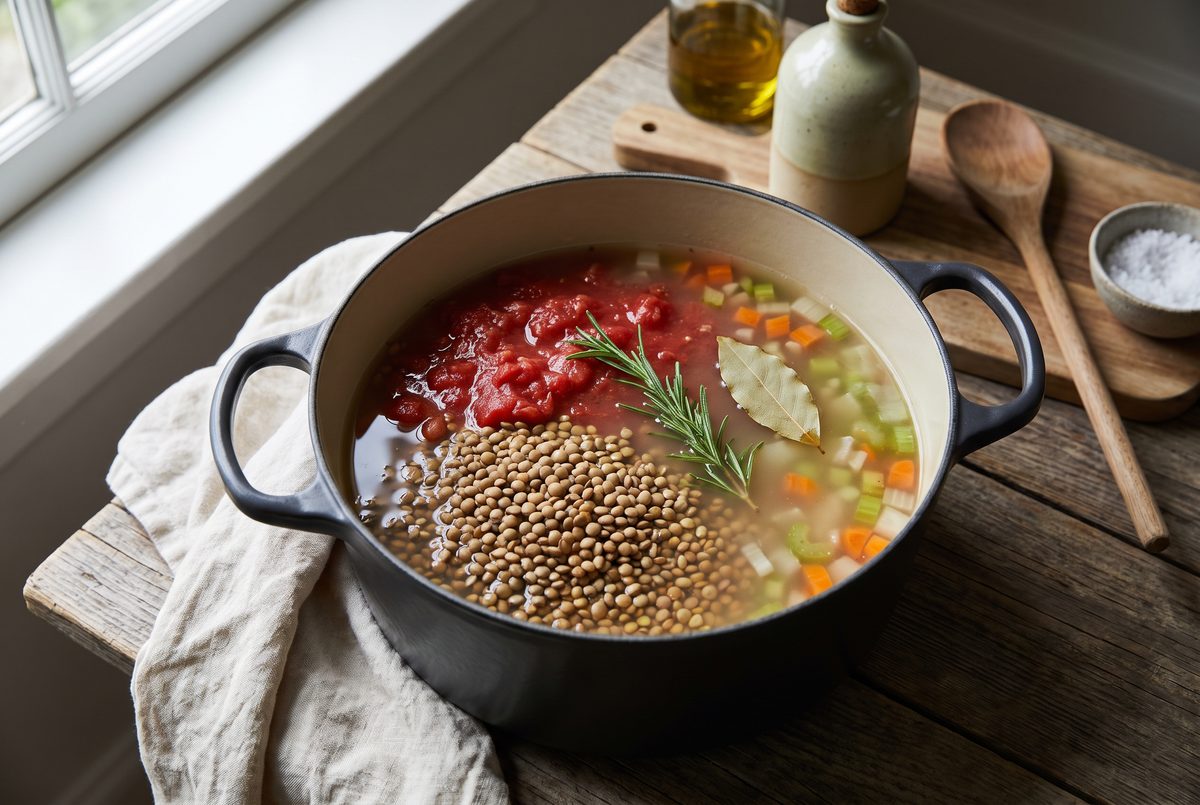 Brown lentils and crushed tomatoes under broth in a dark pot, before simmering