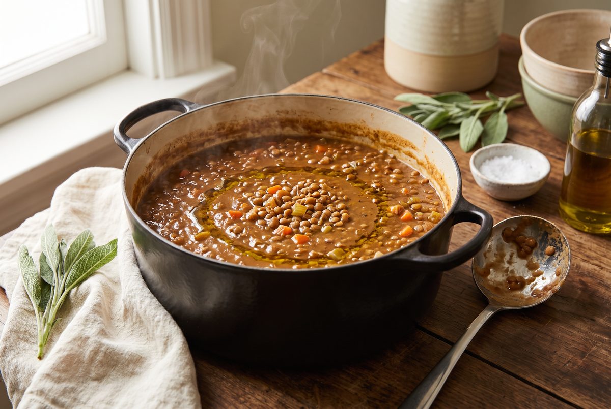 Thickened lentil soup in a dark pot, whole lentils and diced carrot visible in a broth that coats the sides, a ladle alongside