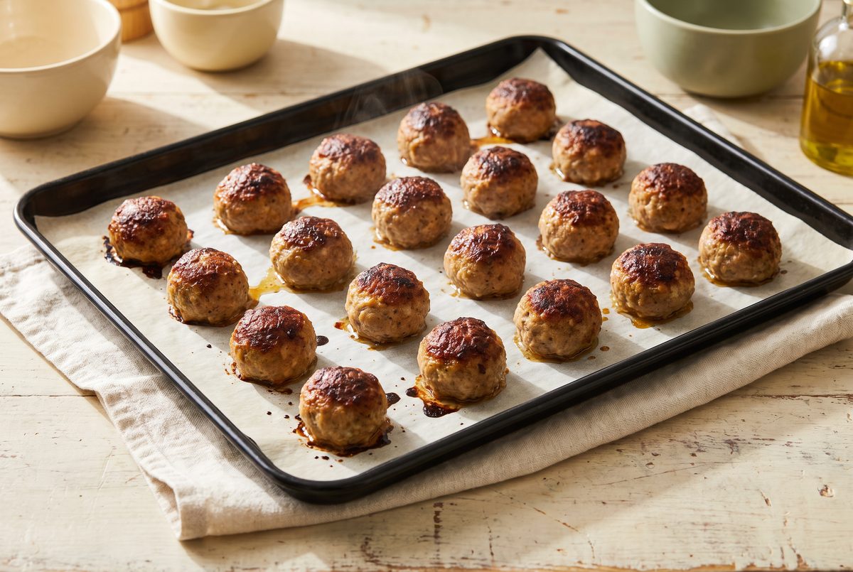 Baked meatballs browned on top on a parchment-lined sheet pan
