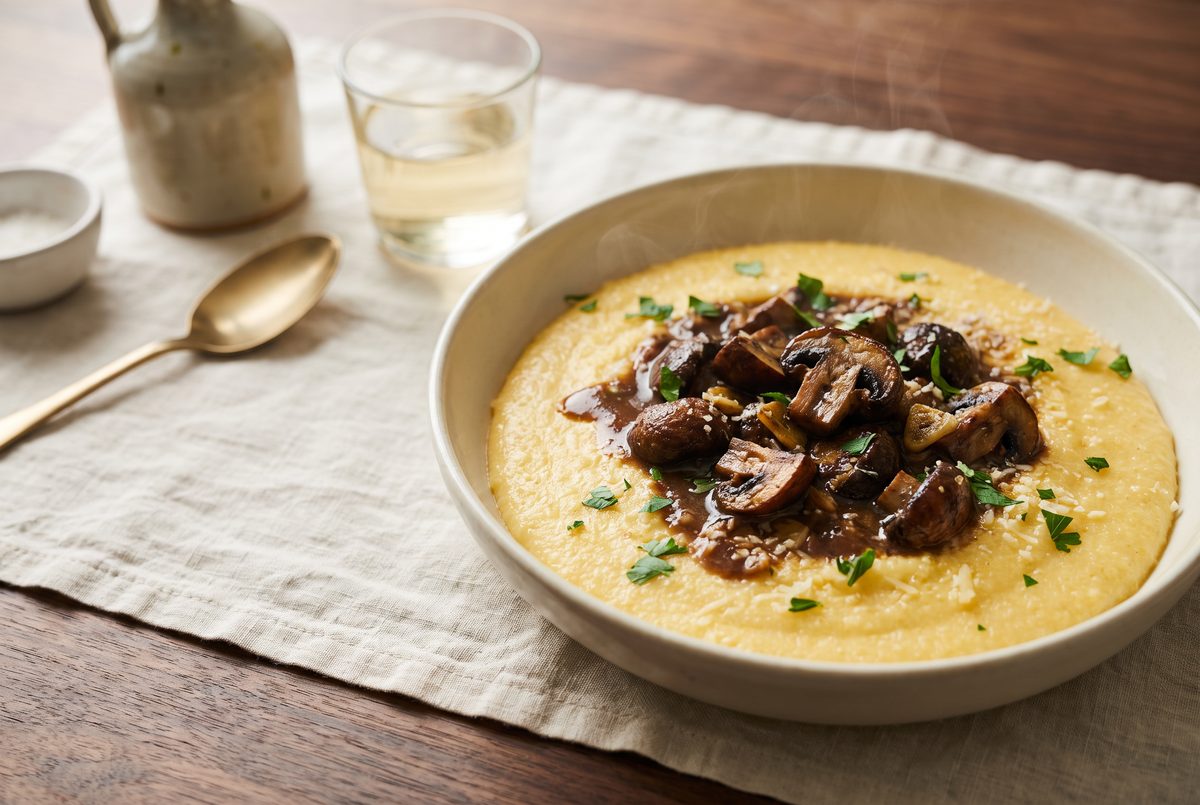 A bowl of creamy yellow polenta topped with a rich mushroom ragu and fresh herbs, served on a linen napkin.