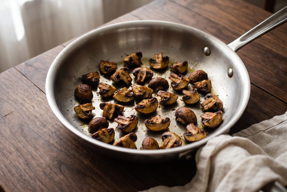 Quartered cremini mushrooms deeply browned at the edges in a single layer in a wide stainless-steel pan