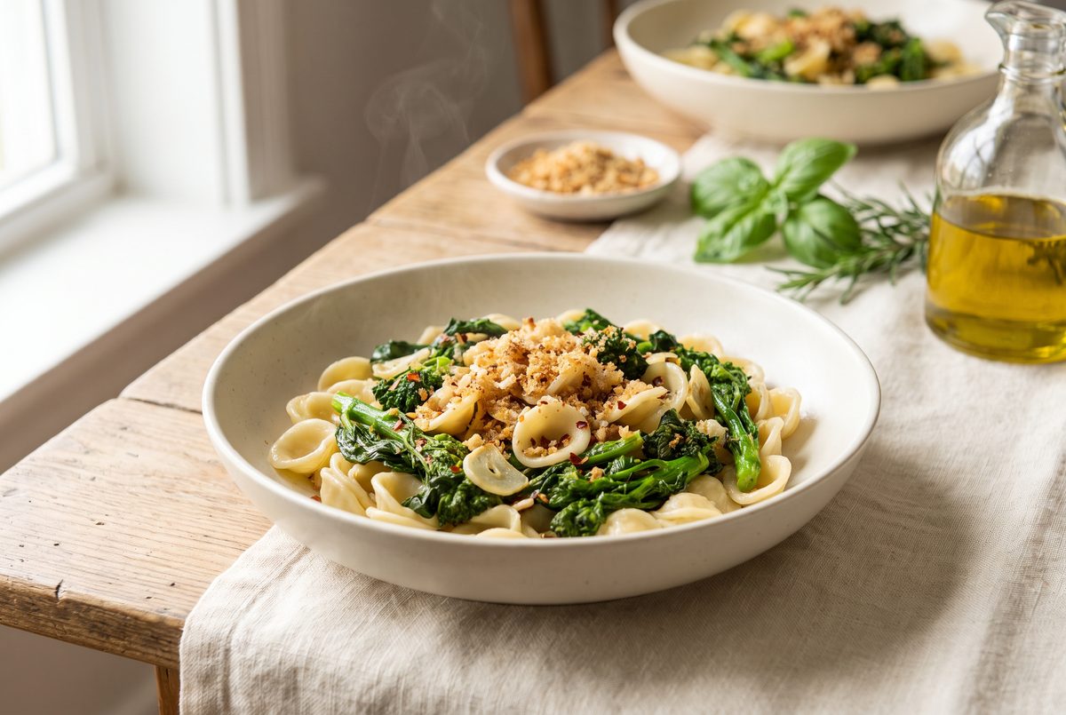 A steaming bowl of orecchiette pasta with broccoli rabe, garlic, and toasted breadcrumbs sits on a wooden table.
