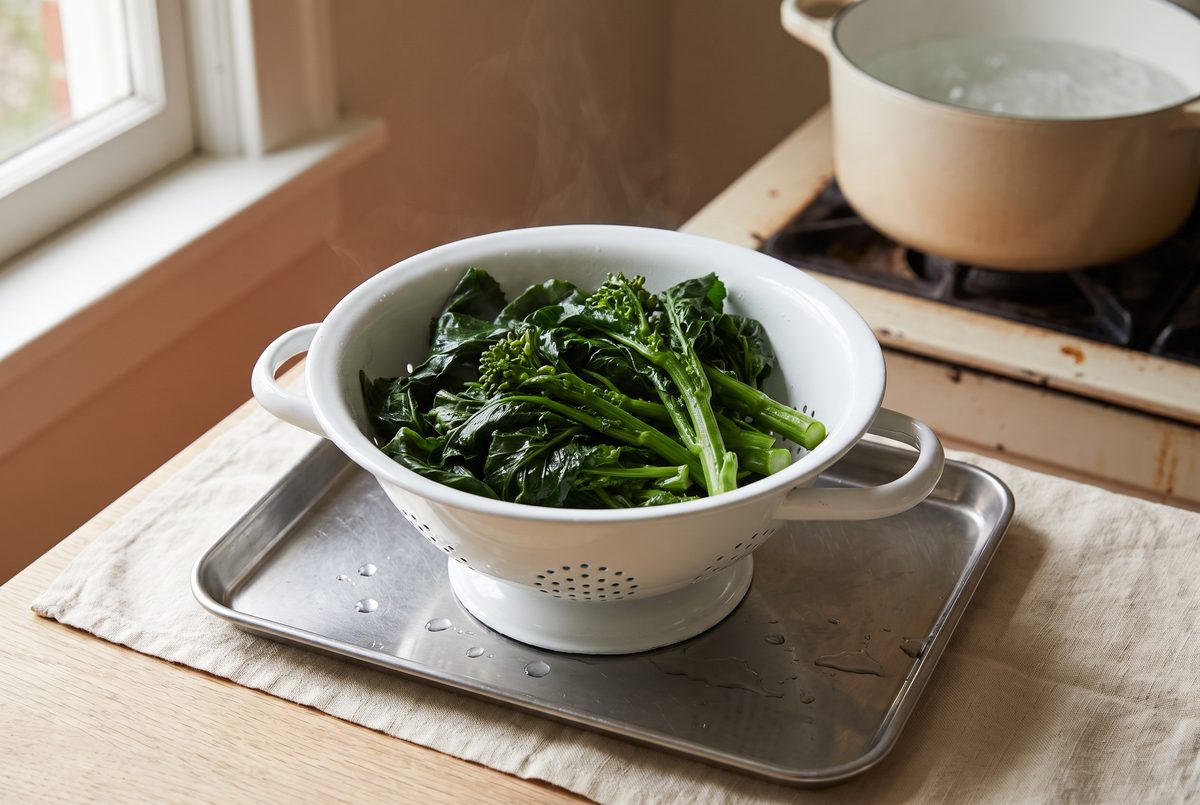 Blanched broccoli rabe, deep green, draining in a colander