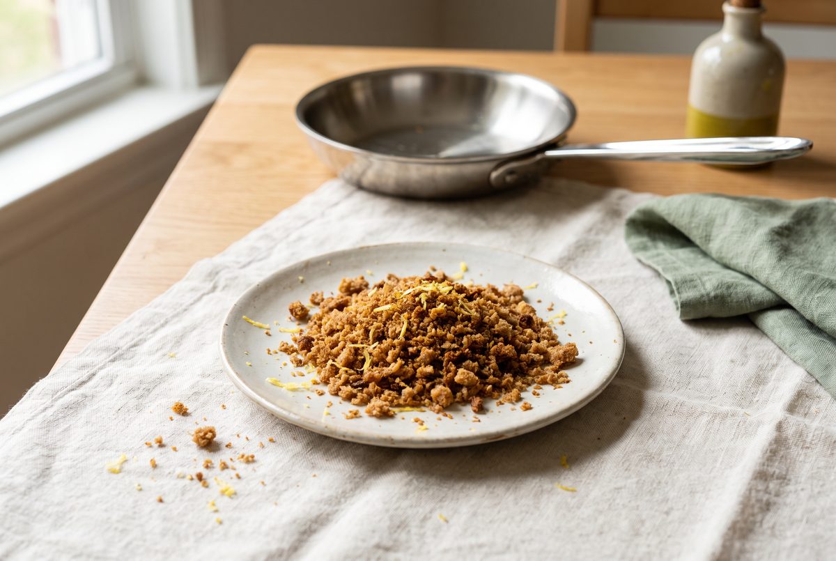 Deep golden toasted whole-wheat breadcrumbs on a plate