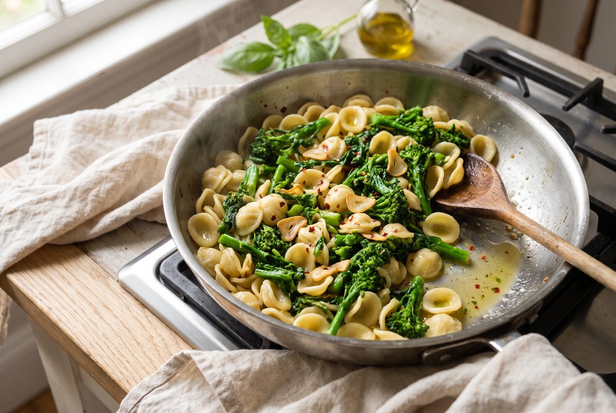 Orecchiette tossed with broccoli rabe and garlic oil in a stainless-steel pan, glossy from the pasta water