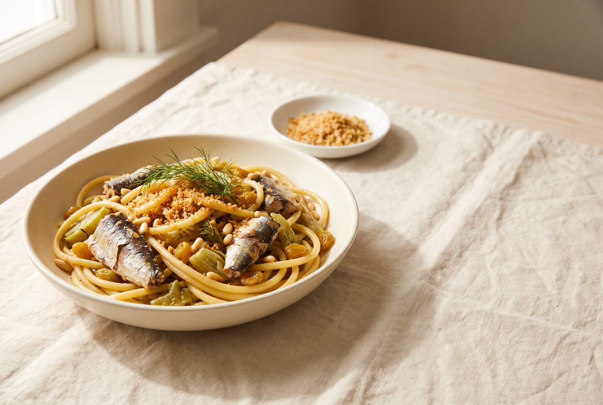 A bowl of pasta with sardines, pine nuts, and fennel on a linen tablecloth next to a small dish of breadcrumbs.