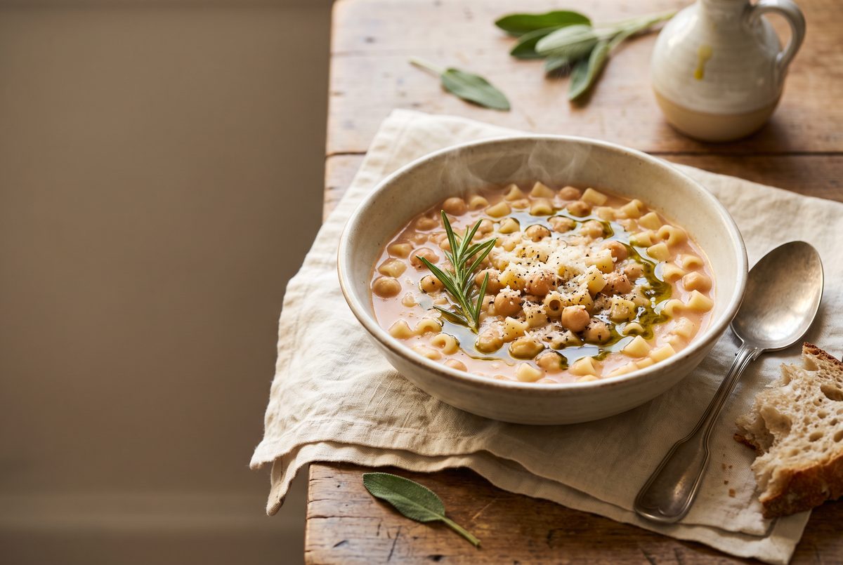 A steaming bowl of chickpea and small pasta soup, garnished with rosemary, grated cheese, and olive oil, sits on a wooden table with bread.