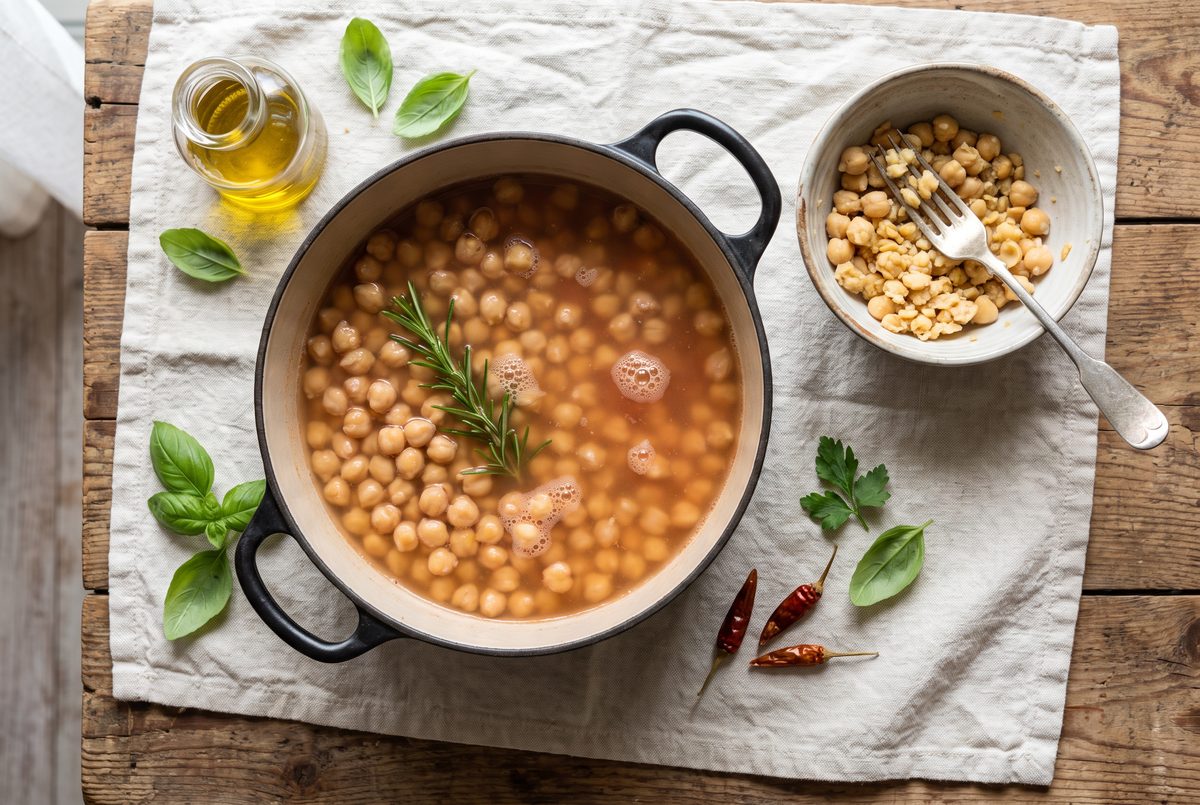 Chickpeas simmering in broth, some mashed to thicken it