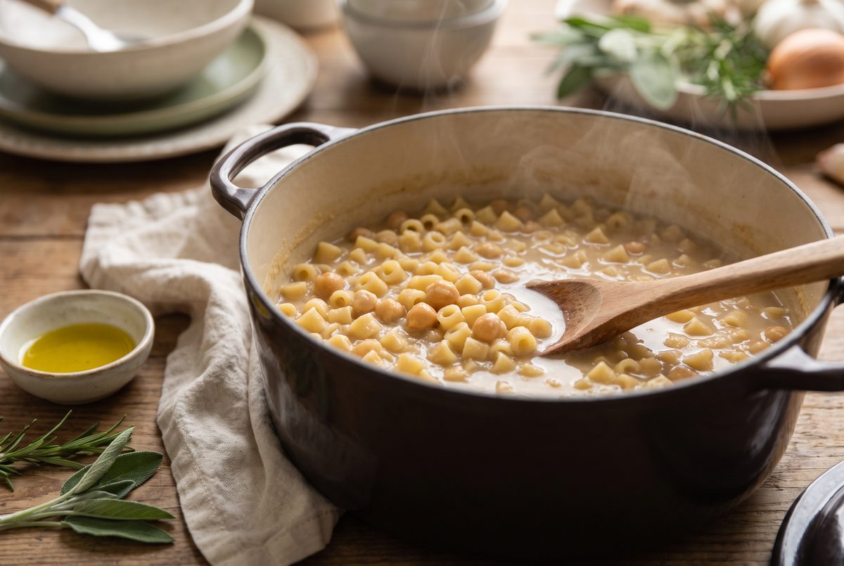 Ditalini cooking directly in the creamy chickpea broth