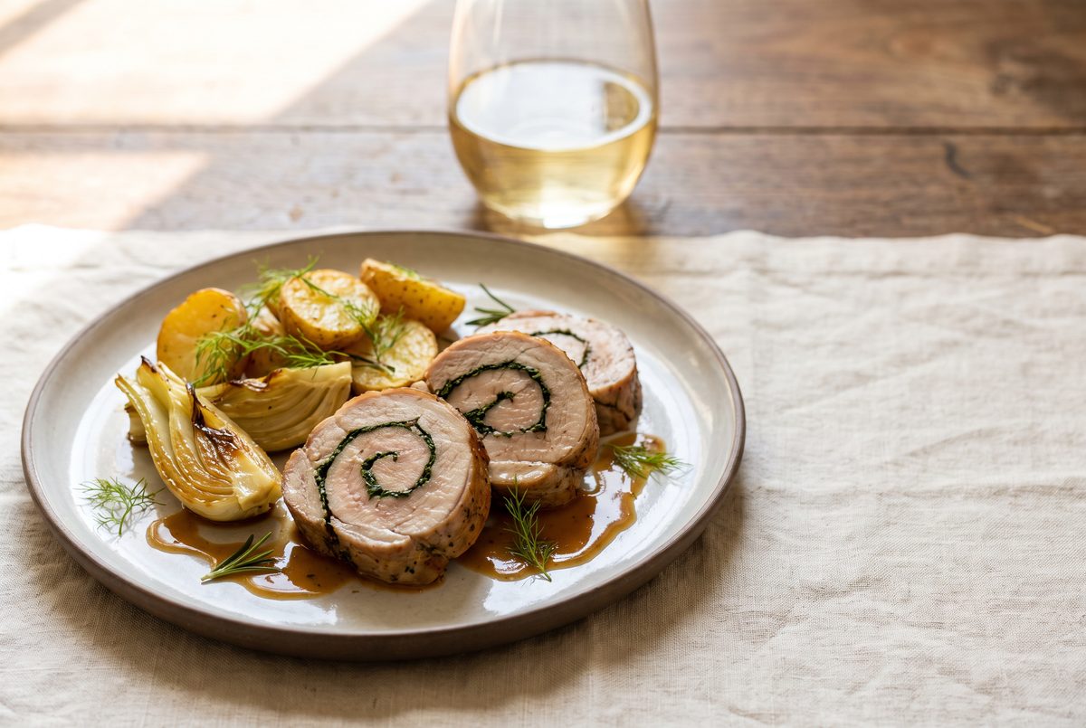 Slices of herb-stuffed pork roulade served with roasted potatoes and fennel on a plate next to a glass of white wine.