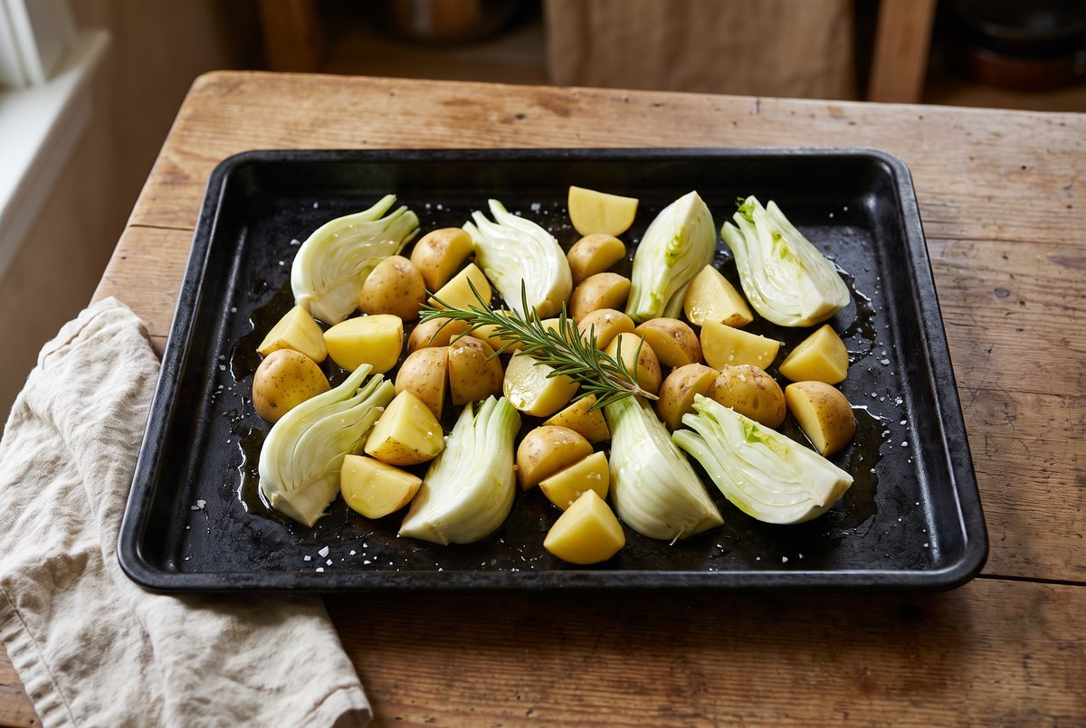 Potato chunks and fennel wedges in one layer on a plain black sheet pan with a rosemary sprig on top, before roasting