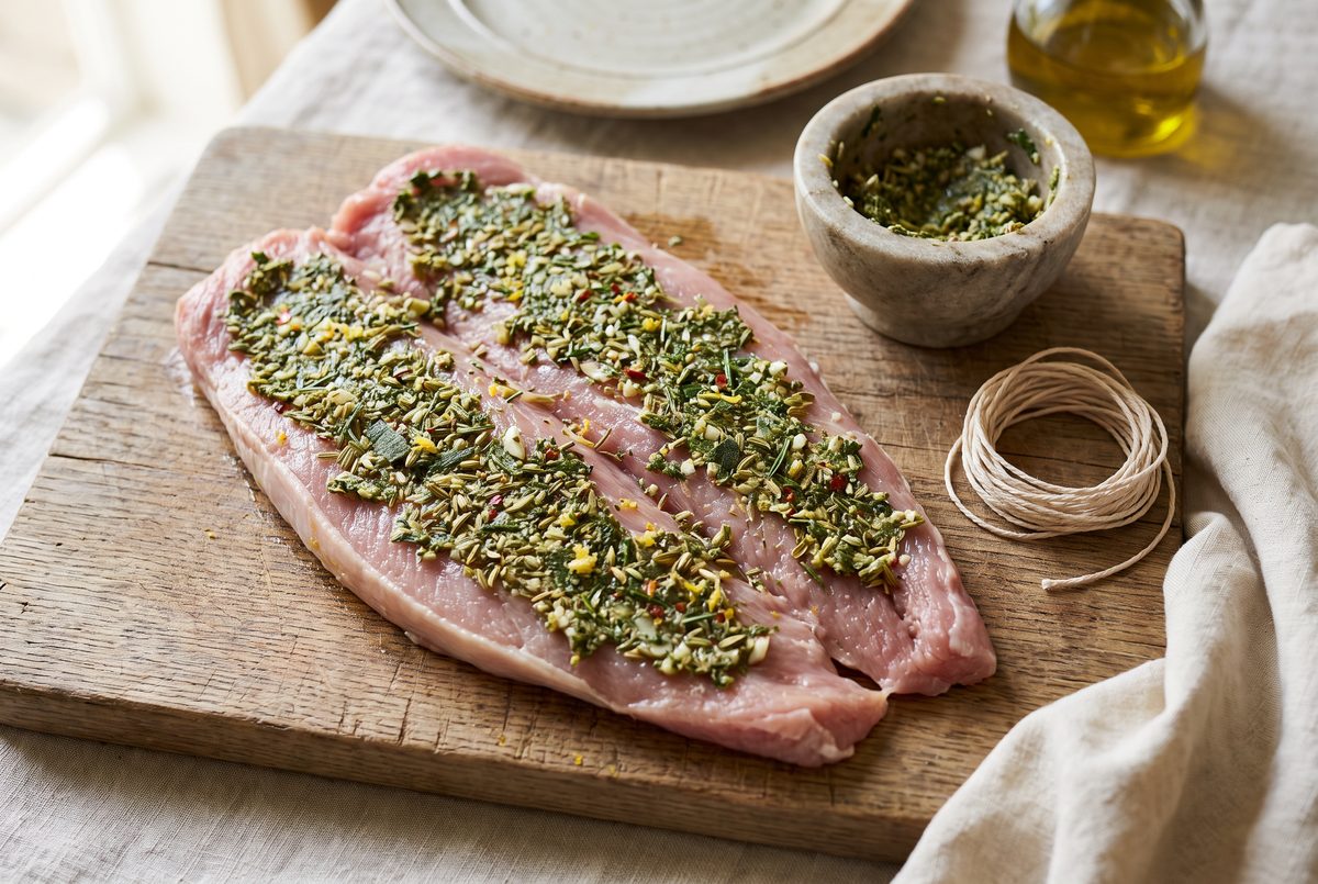 A pork tenderloin butterflied open flat on a wooden board, the cut face spread with a coarse green paste of fennel seed, garlic and rosemary