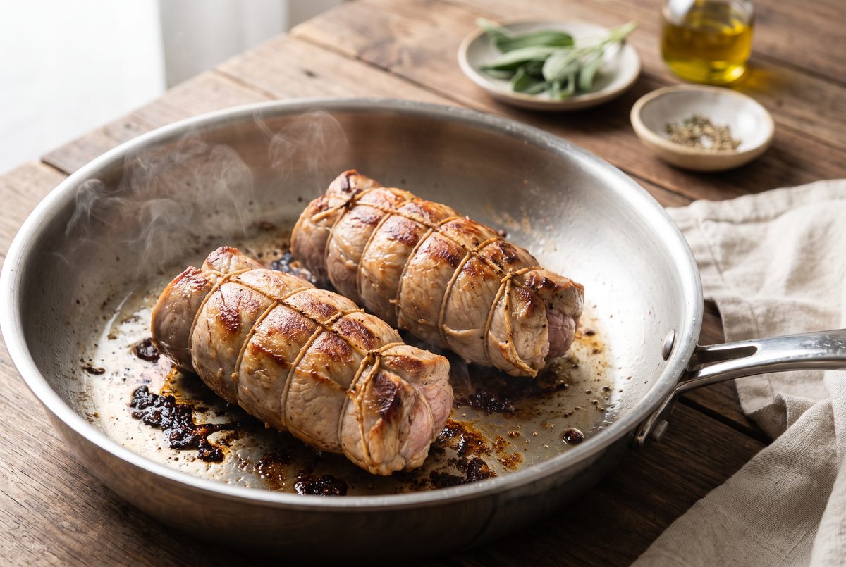 Two tied rolls of pork tenderloin seared deeply golden in a stainless-steel pan, browned bits on the pan bottom