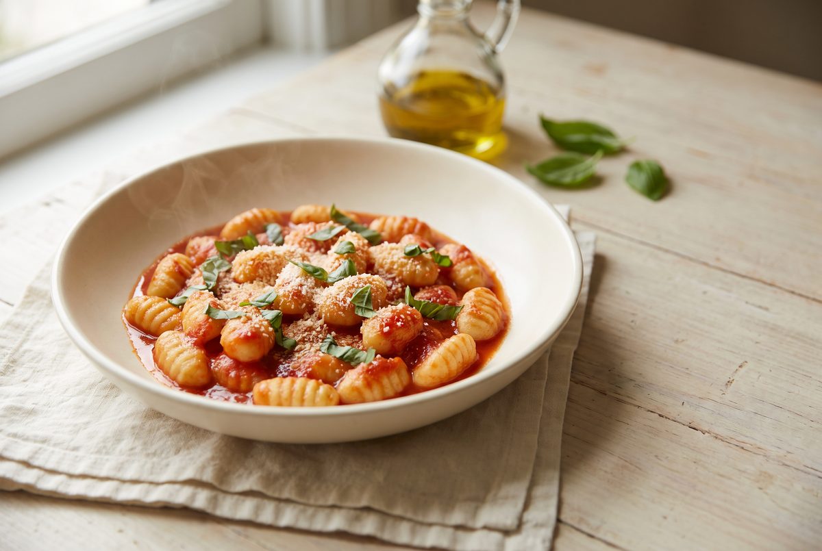 A bowl of steaming gnocchi with red tomato sauce, fresh basil leaves, and grated cheese on a rustic wooden table.