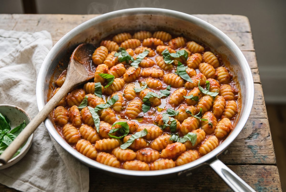 Gnocchi coated in tomato sauce in the pan with torn basil on top
