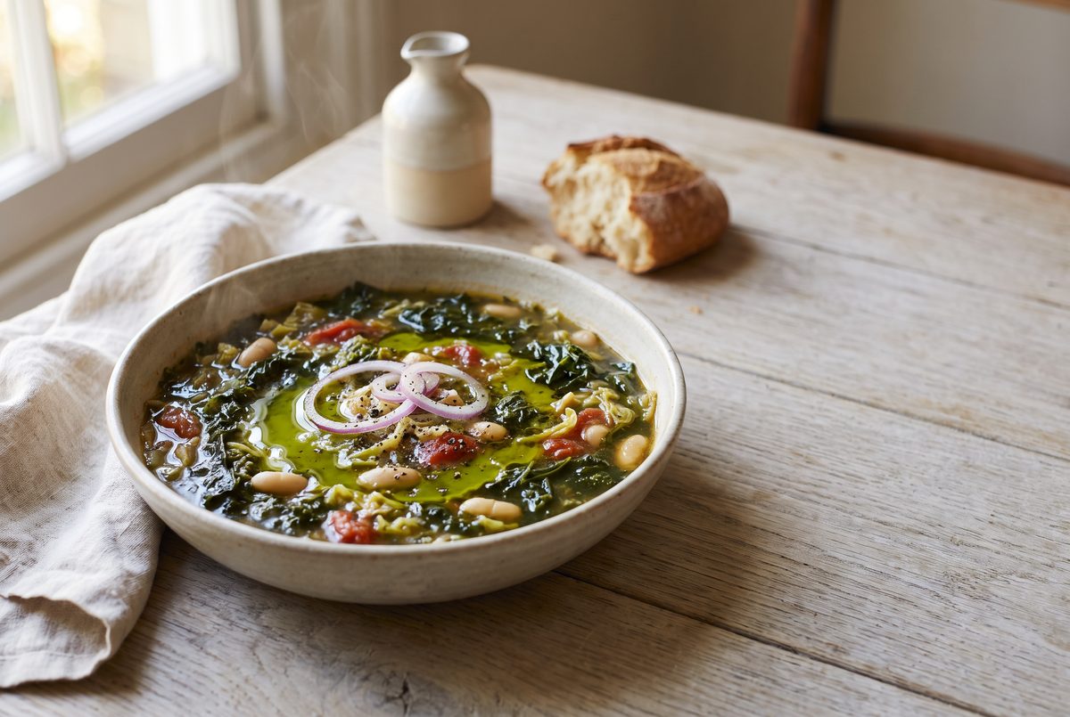 A steaming bowl of vegetable and bean soup with red onion and pepper sits on a wooden table by a window, with bread and a pitcher.
