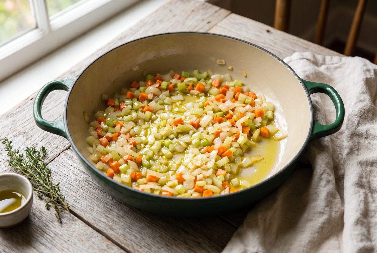 Finely diced onion, carrot and celery softening in olive oil in a wide dark pot