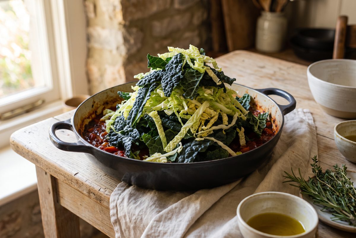 A mound of torn lacinato kale and shredded savoy cabbage collapsing into the tomato base in a dark pot