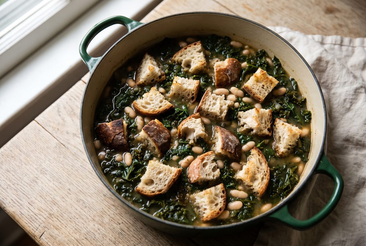 Torn pieces of country bread pushed down into the surface of the bean and kale soup