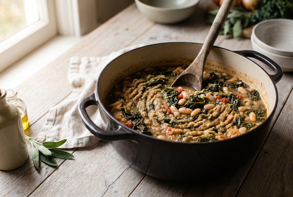 Thick reboiled ribollita in a dark pot, a wooden spoon standing upright in the middle